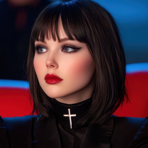 Mysterious woman with dark hair and red lips