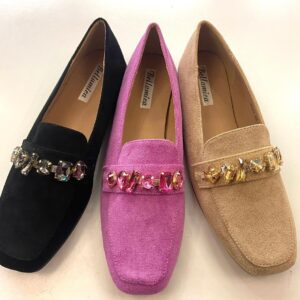 Bellamica Crystal Embellished Suede Loafers – Luxe Slip-Ons in Black, Pink & Beige